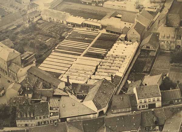 Historisches Luftbild von der Rostscheune, einem Gartenbaubetrieb in Bamberg